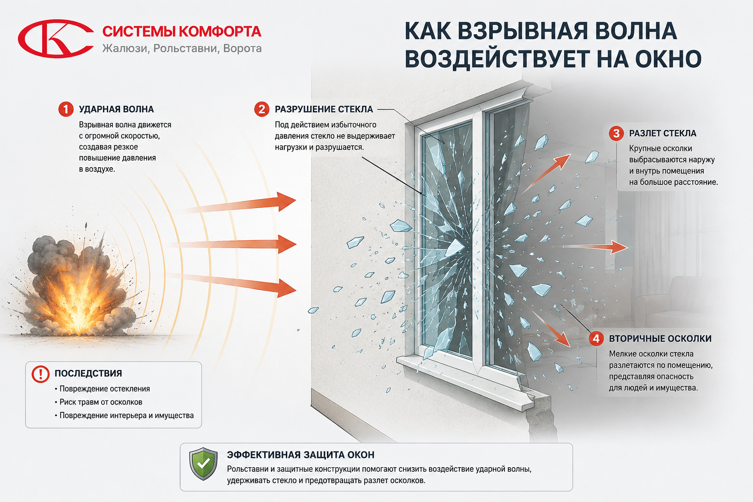 Схема опасности окна при взрыве — ударная волна, осколки, вторичные повреждения